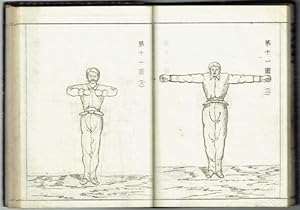 Double page d'un manuel japonais de gymnastique : deux figures d'un homme bras écartés puis fléchis, exercices numérotés