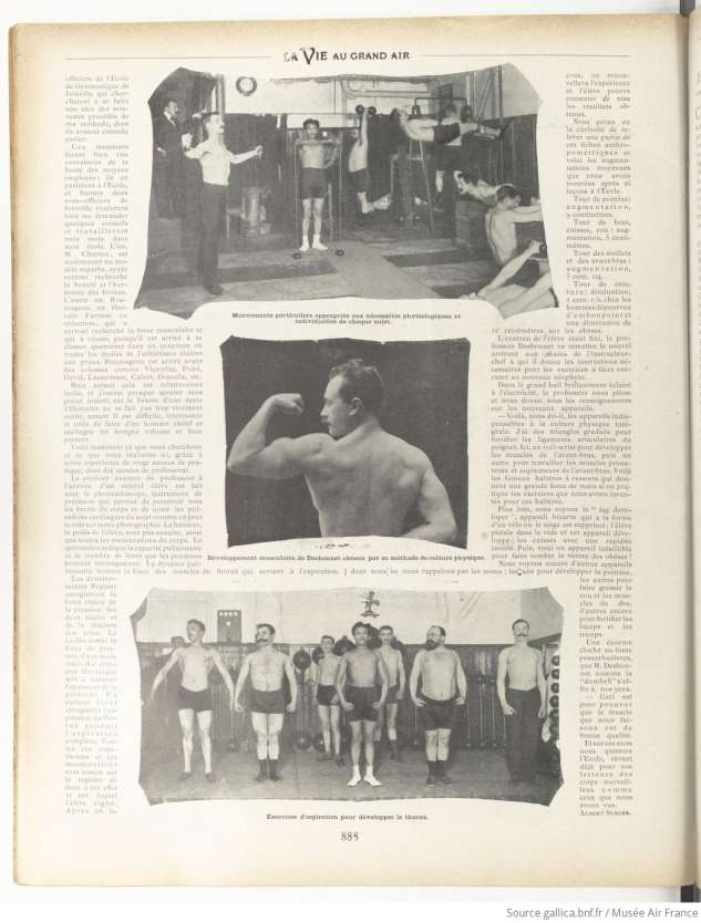Page de la revue La Vie au Grand Air sur la culture physique dans l'armée, photographies d'exercices en salle