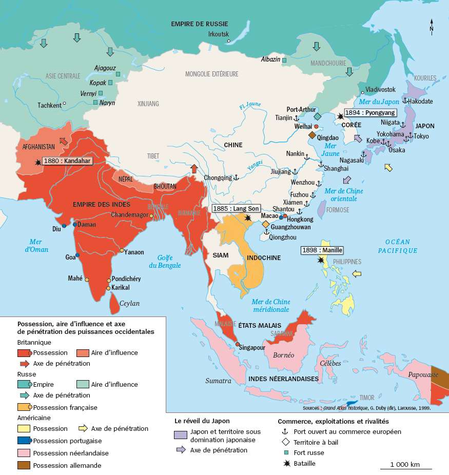 Carte de l'Asie à la fin du XIXe siècle : possessions, aires d'influence et axes de pénétration des puissances et du Japon
