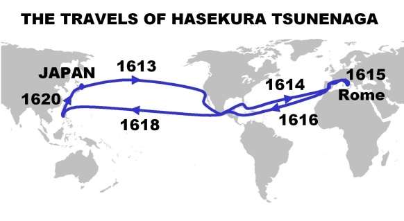 Planisphère « The travels of Hasekura Tsunenaga » traçant son voyage du Japon à Rome entre 1613 et 1620