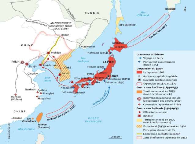 Carte de l'Extrême-Orient : expansion du Japon, ports ouverts aux étrangers dès 1854, guerres contre la Chine et la Russie