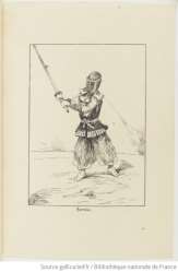 Document d'archive reproduit dans le recueil Gravure en noir et blanc d'un escrimeur japonais en armure d'entraînement, shinaï levé au-dessus de la tête