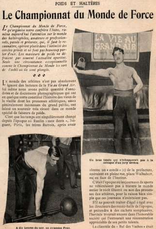Document d'archive reproduit dans le recueil Page de La Vie au Grand Air, article « Le Championnat du Monde de Force » illustré de photographies d'haltérophiles