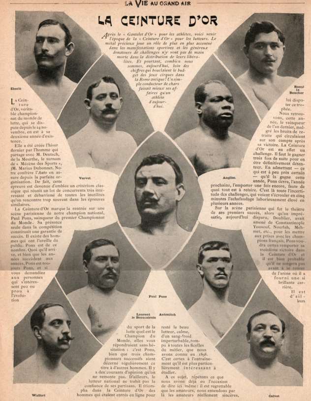 Planche de La Vie au Grand Air titrée « La Ceinture d'Or », article encadré de portraits de lutteurs dont Paul Pons