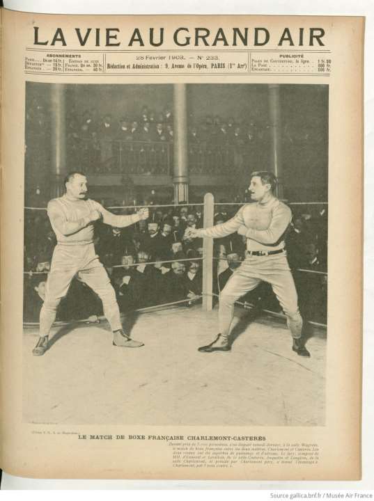 Une de La Vie au Grand Air du 28 février 1903, n° 233, photographie du match de boxe française Charlemont-Castérès