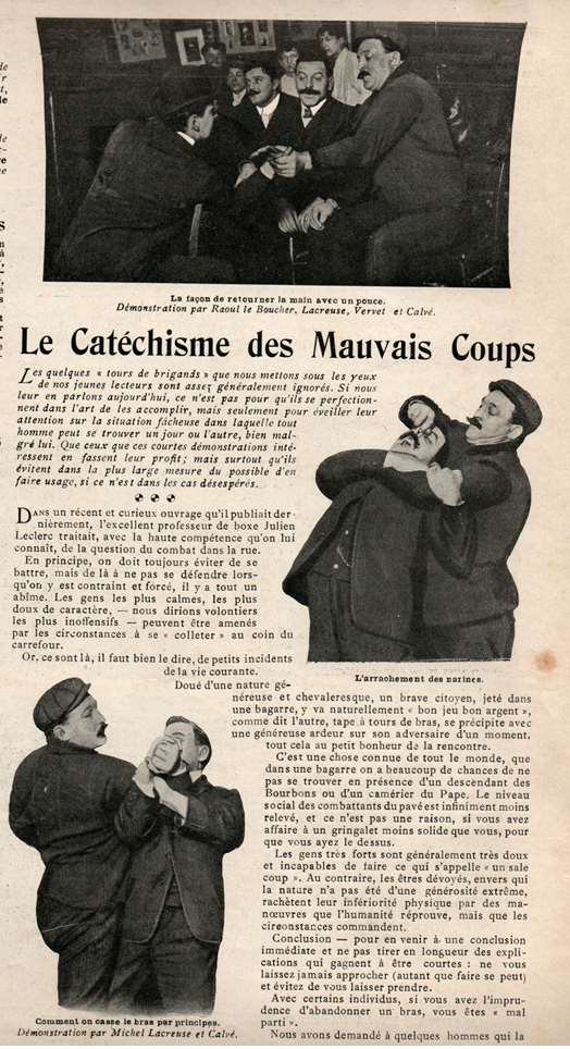 Article de presse « Le Catéchisme des Mauvais Coups » illustré de photographies de prises de défense dans la rue