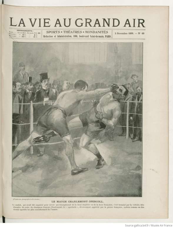 Une de La Vie au Grand Air du 5 novembre 1899, n° 60, gravure du match de boxe Charlemont-Driscoll