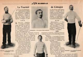 n*256 du 07/08/1903 Page de La Vie au Grand Air titrée « Le tournoi de Limoges », portraits de tireurs en tenue d'escrime