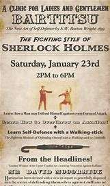 Document d'archive reproduit dans le recueil Affiche anglaise annonçant un stage de bartitsu, « the fighting style of Sherlock Holmes », défense à la canne