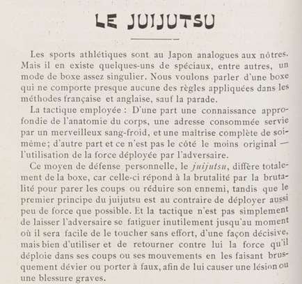 Page imprimée titrée « Le juijutsu », exposé du principe d'utiliser la force de l'adversaire contre lui