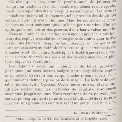 Fin d'article imprimé sur le juijutsu, suivie des mentions du gérant et de l'imprimeur parisien