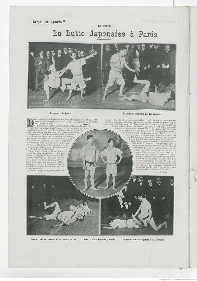 Document d'archive reproduit dans le recueil Planche de presse « La lutte japonaise à Paris », photographies des lutteurs Raku et Eïda en démonstration