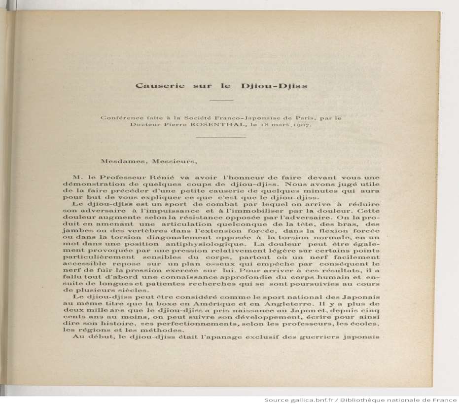 Première page de la « Causerie sur le djiou-djiss » du docteur Pierre Rosenthal, Paris, 18 mars 1907