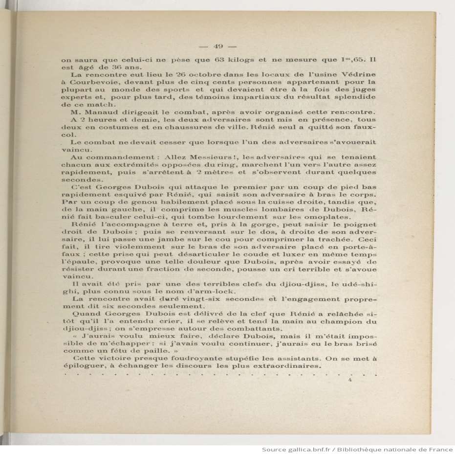 Page imprimée d'un ouvrage sur le djiou-djitsu relatant le match Dubois–Ré-Nié du 26 octobre à Courbevoie