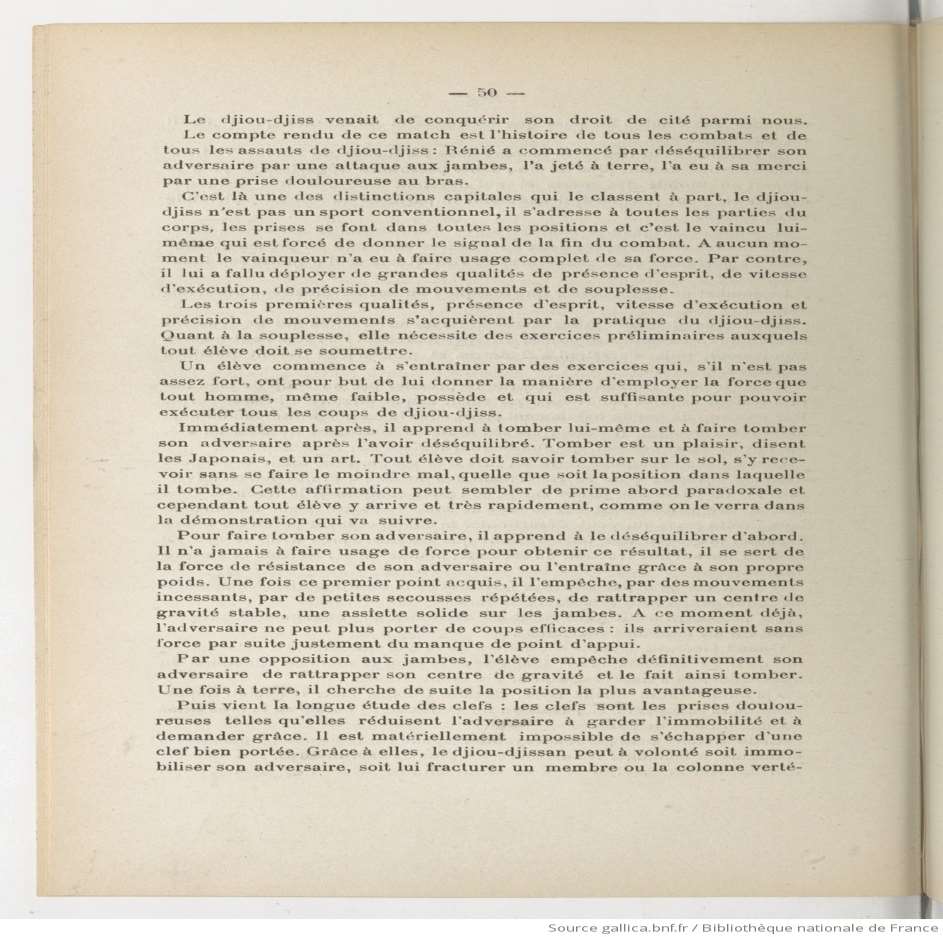 Page imprimée exposant les principes du djiou-djitsu : déséquilibre, art de tomber et clefs d'immobilisation