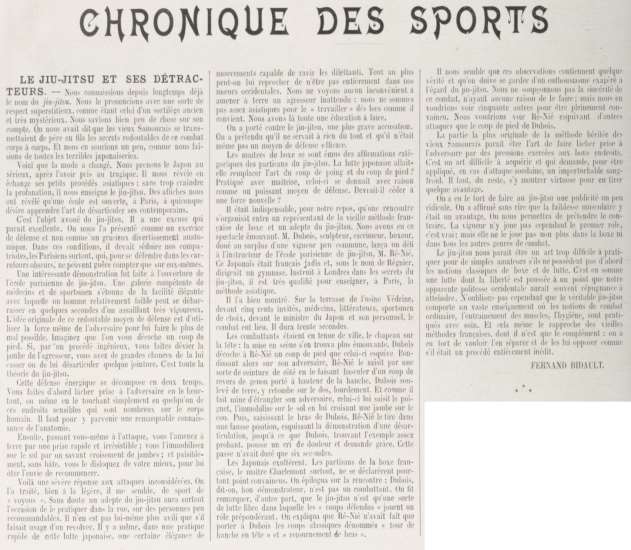 Document d'archive reproduit dans le recueil Page de presse « Chronique des sports » portant l'article « Le jiu-jitsu et ses détracteurs » signé Fernand Bidault