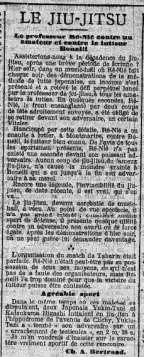 Document d'archive reproduit dans le recueil Colonne de journal titrée « Le Jiu-Jitsu » : les défaites du professeur Ré-Nié devant un amateur puis un lutteur