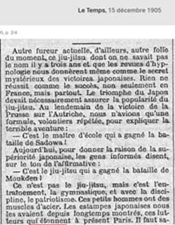 Document d'archive reproduit dans le recueil Coupure du « Temps » du 15 décembre 1905 sur la vogue du jiu-jitsu au lendemain des victoires japonaises