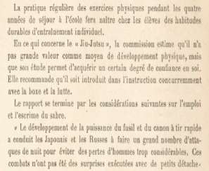 Document d'archive reproduit dans le recueil Extrait d'un rapport de commission sur l'enseignement du jiu-jutsu, de la boxe et de la lutte à l'école militaire