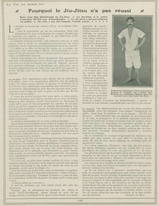 Document d'archive reproduit dans le recueil Page de « La Vie au Grand Air » titrée « Pourquoi le Jiu-Jitsu n'a pas réussi », avec un portrait de Yukio Tani