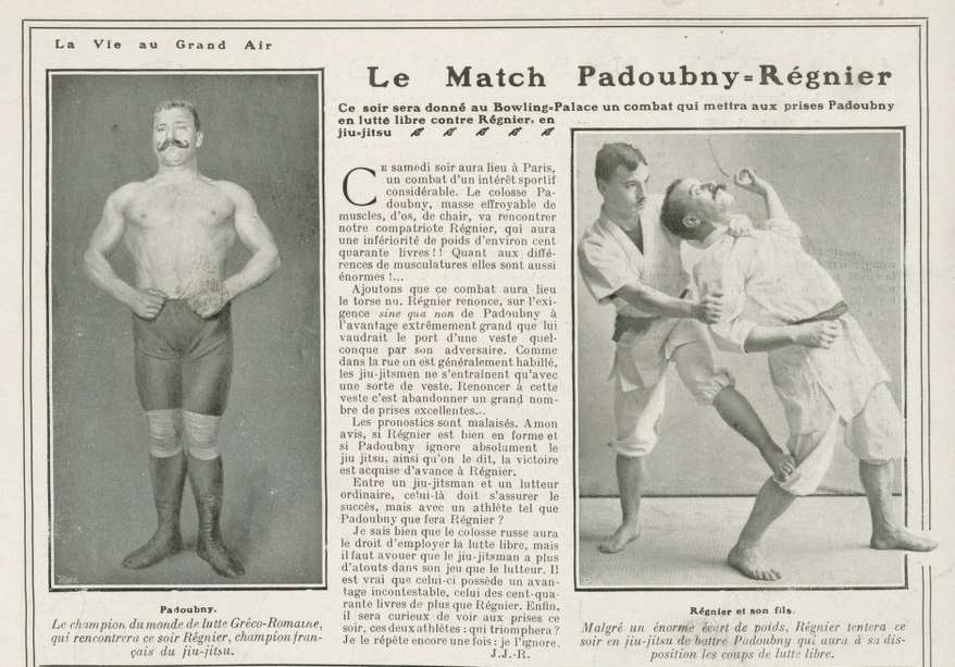 Le 02/01/1909 Page de « La Vie au Grand Air » annonçant « Le Match Padoubny-Régnier », portraits de Padoubny et de Régnier
