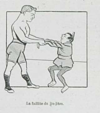 Dessin de presse légendé « La faillite du jiu-jitsu » : un lutteur massif attire à lui un petit jiu-jitsuka
